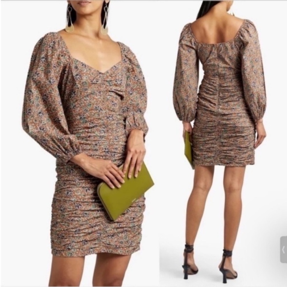 Veronica Beard Ruched Floral Mini Nadi Dress SIZE 2 Cotton Cinnamon Multi NWT